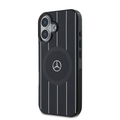 Apple iPhone 16 Plus Kılıf Mercedes Benz Orjinal Lisanslı Magsafe Şarj Özellikli Çift Katmanlı Paralel Çizgi Desenli Kapak Siyah