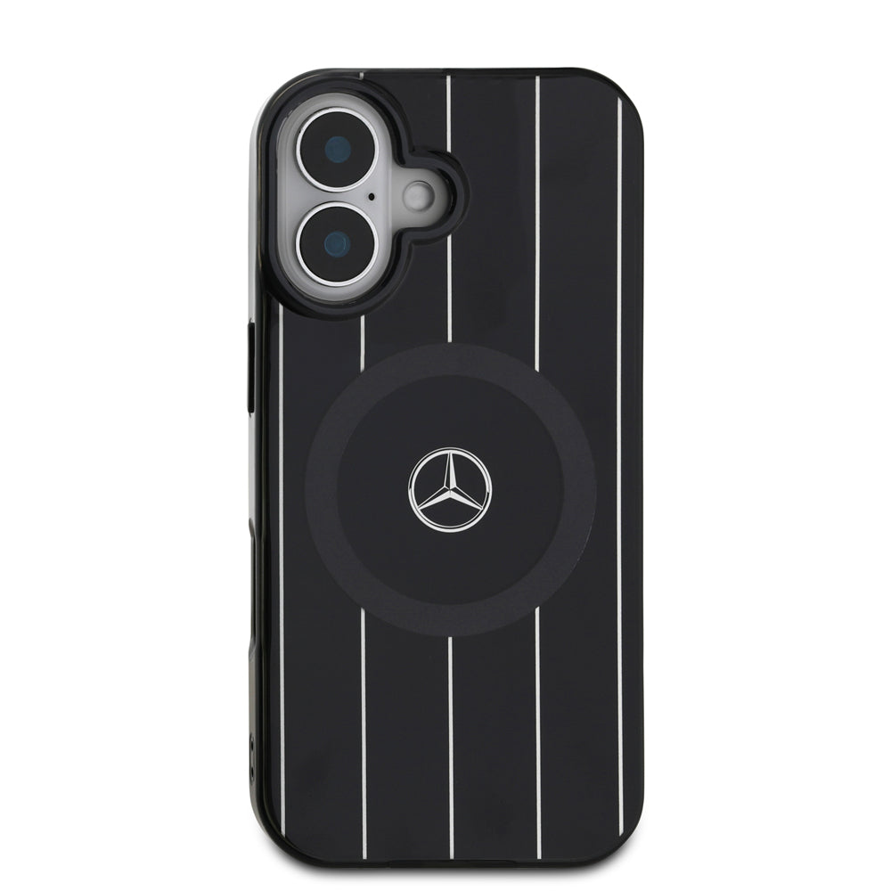 Apple iPhone 16 Plus Kılıf Mercedes Benz Orjinal Lisanslı Magsafe Şarj Özellikli Çift Katmanlı Paralel Çizgi Desenli Kapak Siyah