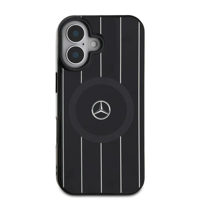 Apple iPhone 16 Plus Kılıf Mercedes Benz Orjinal Lisanslı Magsafe Şarj Özellikli Çift Katmanlı Paralel Çizgi Desenli Kapak Siyah