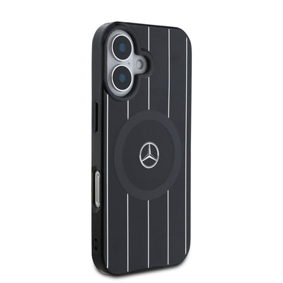 Apple iPhone 16 Plus Kılıf Mercedes Benz Orjinal Lisanslı Magsafe Şarj Özellikli Çift Katmanlı Paralel Çizgi Desenli Kapak Siyah