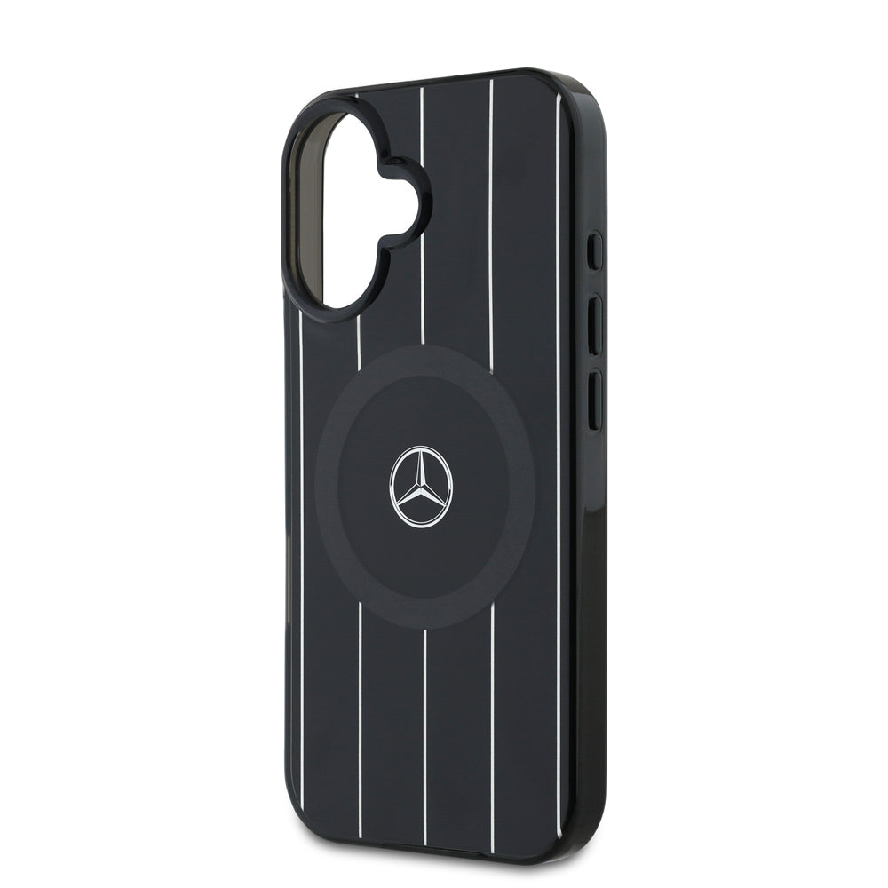 Apple iPhone 16 Plus Kılıf Mercedes Benz Orjinal Lisanslı Magsafe Şarj Özellikli Çift Katmanlı Paralel Çizgi Desenli Kapak Siyah