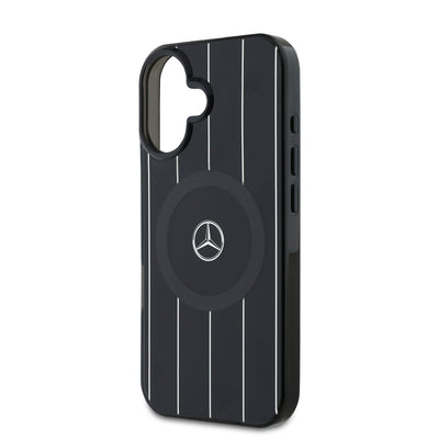 Apple iPhone 16 Plus Kılıf Mercedes Benz Orjinal Lisanslı Magsafe Şarj Özellikli Çift Katmanlı Paralel Çizgi Desenli Kapak Siyah