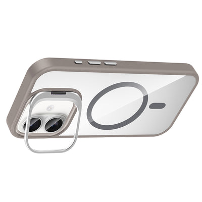 Apple iPhone 16 Plus Kılıf Standlı ve Kamera Lens Hediyeli M-Safe Şarj Özellikli Zore Etro Kapak Gri