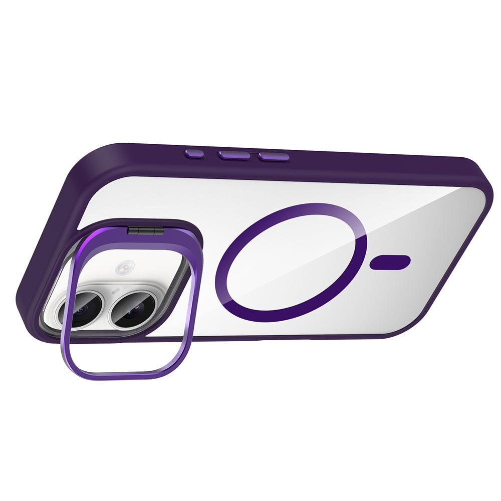 Apple iPhone 16 Plus Kılıf Standlı ve Kamera Lens Hediyeli M-Safe Şarj Özellikli Zore Etro Kapak Lacivert