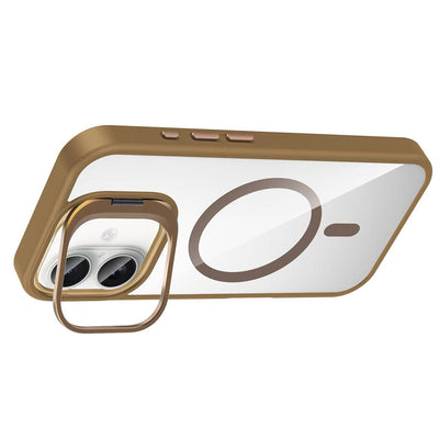 Apple iPhone 16 Plus Kılıf Standlı ve Kamera Lens Hediyeli M-Safe Şarj Özellikli Zore Etro Kapak Gri