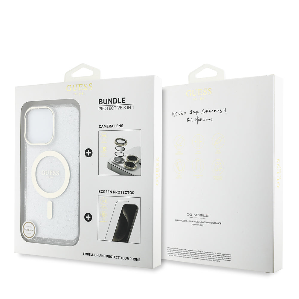 iPhone 16 Pro Guess Orjinal Lisanslı 3'lü Aksesuar Seti IML Baskılı Simli Glitter Kılıf + Ekran Koruyucu + Lens Koruyucu
