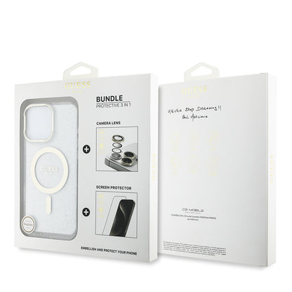 iPhone 16 Pro Guess Orjinal Lisanslı 3'lü Aksesuar Seti IML Baskılı Simli Glitter Kılıf + Ekran Koruyucu + Lens Koruyucu