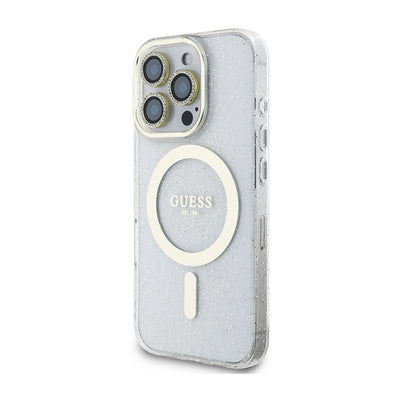 Apple iPhone 16 Pro Guess Orjinal Lisanslı 3'lü Aksesuar Seti IML Baskılı Simli Glitter Kılıf + Ekran Koruyucu + Lens Koruyucu Şeffaf