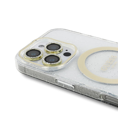 iPhone 16 Pro Guess Orjinal Lisanslı 3'lü Aksesuar Seti IML Baskılı Simli Glitter Kılıf + Ekran Koruyucu + Lens Koruyucu