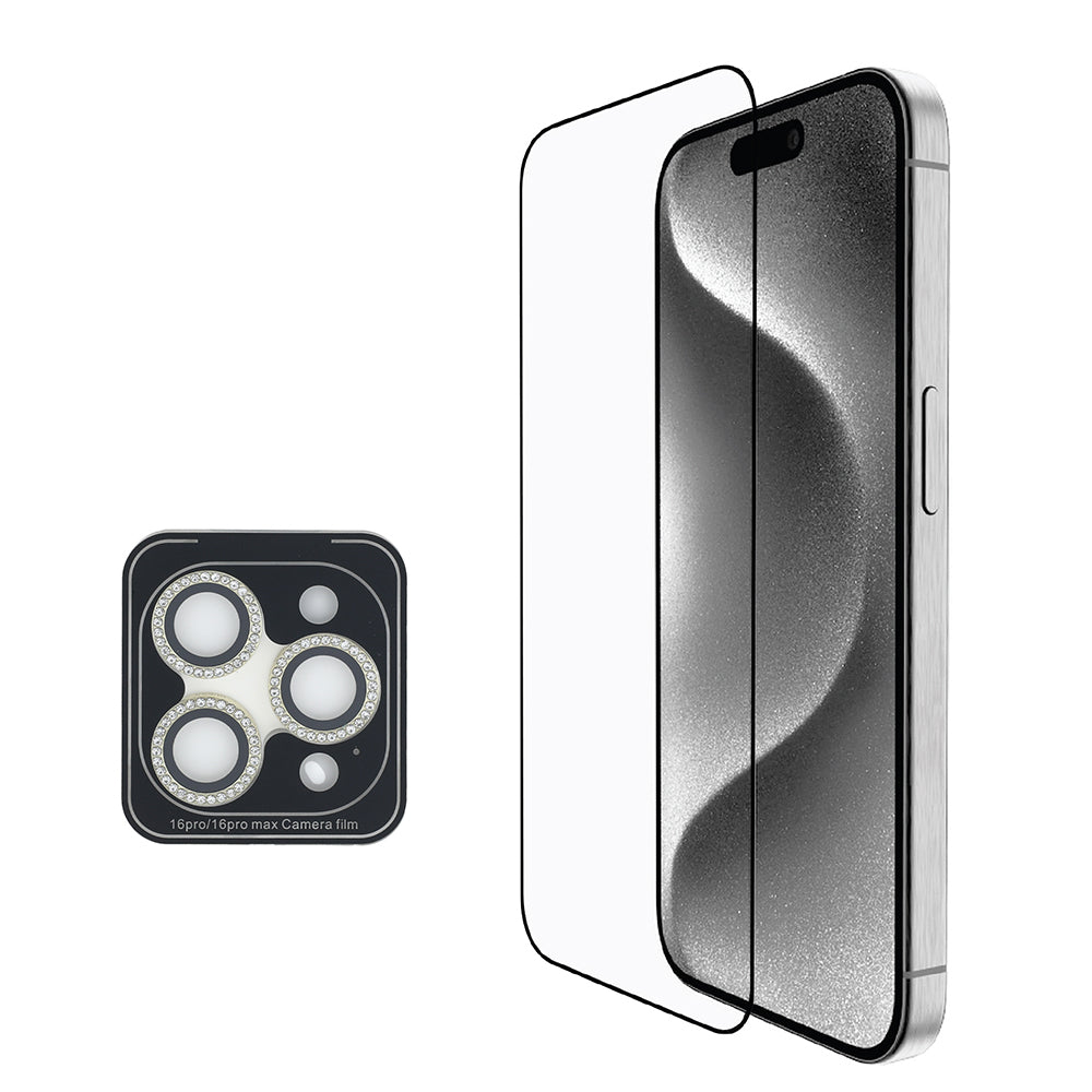 iPhone 16 Pro Guess Orjinal Lisanslı 3'lü Aksesuar Seti IML Baskılı Simli Glitter Kılıf + Ekran Koruyucu + Lens Koruyucu