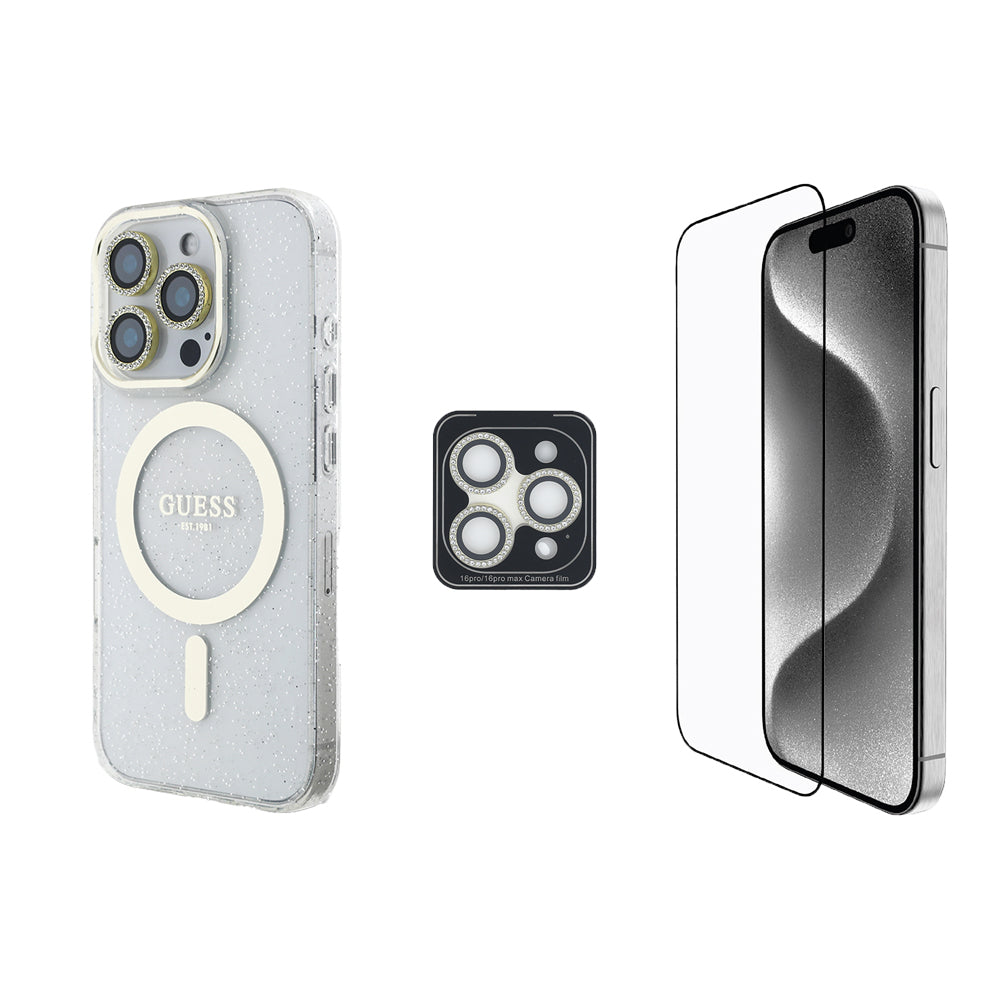 iPhone 16 Pro Guess Orjinal Lisanslı 3'lü Aksesuar Seti IML Baskılı Simli Glitter Kılıf + Ekran Koruyucu + Lens Koruyucu