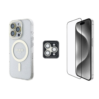 iPhone 16 Pro Guess Orjinal Lisanslı 3'lü Aksesuar Seti IML Baskılı Simli Glitter Kılıf + Ekran Koruyucu + Lens Koruyucu