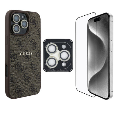 Apple iPhone 16 Pro Guess Orjinal Lisanslı Kılıf + Ekran Koruyucu + Lens Koruyucu 3in1 Aksesuar Seti Pembe