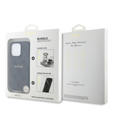 Apple iPhone 16 Pro Guess Orjinal Lisanslı Kılıf + Ekran Koruyucu + Lens Koruyucu 3in1 Aksesuar Seti Siyah