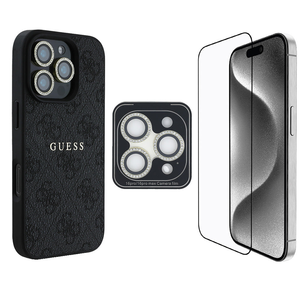 Apple iPhone 16 Pro Guess Orjinal Lisanslı Kılıf + Ekran Koruyucu + Lens Koruyucu 3in1 Aksesuar Seti