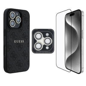 Apple iPhone 16 Pro Guess Orjinal Lisanslı Kılıf + Ekran Koruyucu + Lens Koruyucu 3in1 Aksesuar Seti