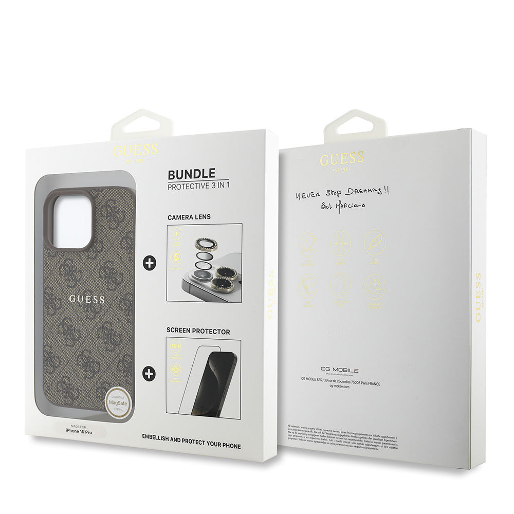 Apple iPhone 16 Pro Guess Orjinal Lisanslı Kılıf + Ekran Koruyucu + Lens Koruyucu 3in1 Aksesuar Seti Siyah