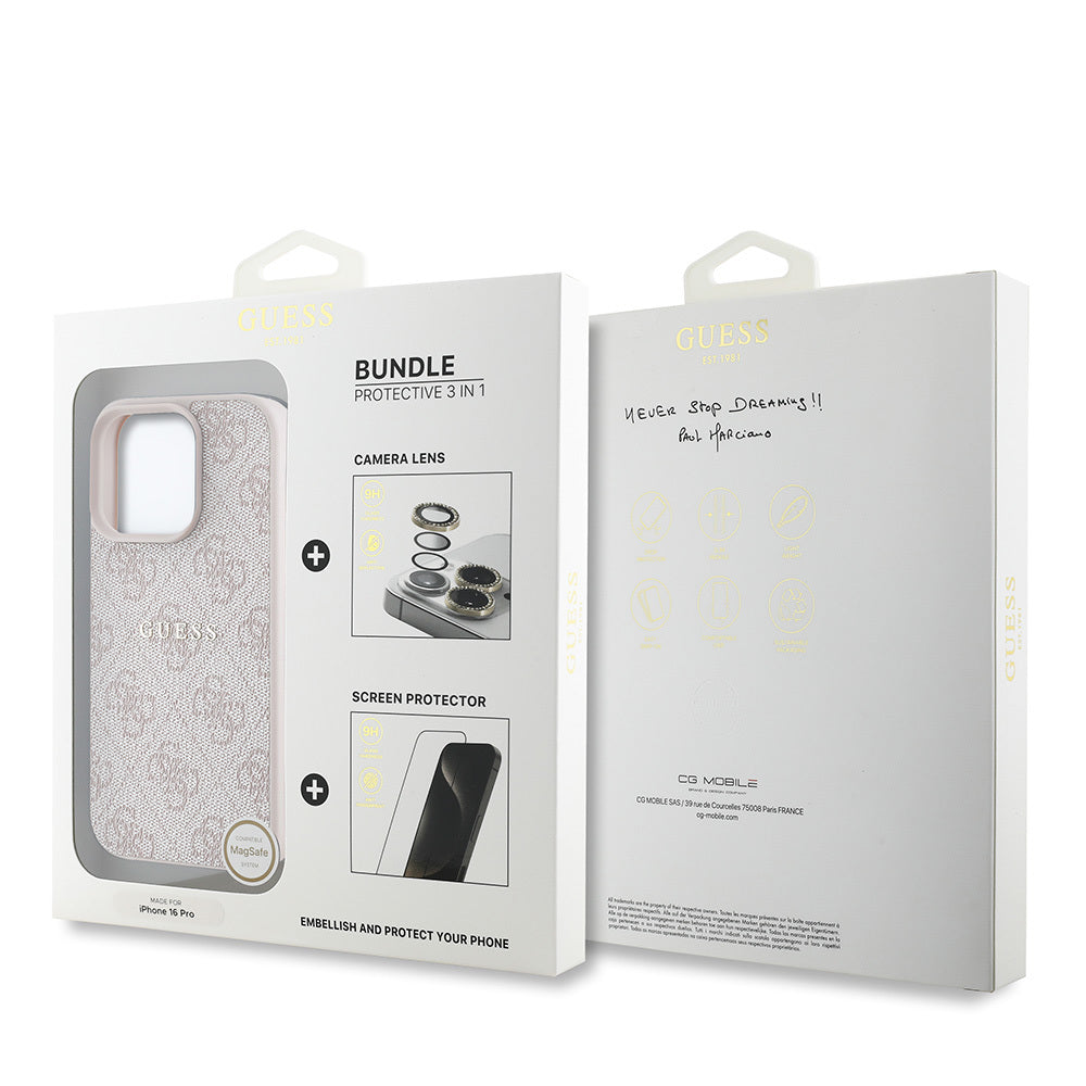 Apple iPhone 16 Pro Guess Orjinal Lisanslı Kılıf + Ekran Koruyucu + Lens Koruyucu 3in1 Aksesuar Seti Pembe