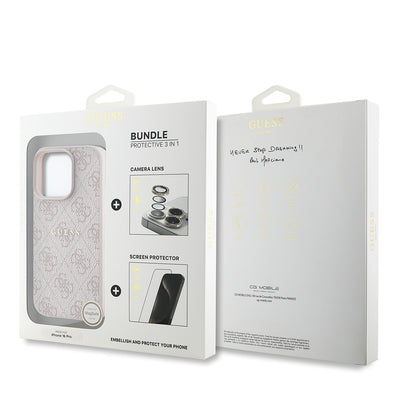 Apple iPhone 16 Pro Guess Orjinal Lisanslı Kılıf + Ekran Koruyucu + Lens Koruyucu 3in1 Aksesuar Seti Pembe