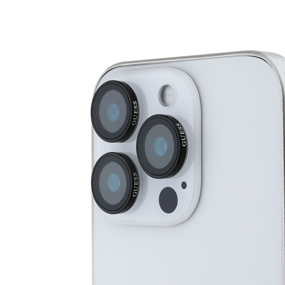 Apple iPhone 16 Pro Guess Orjinal Lisanslı Metal Kamera Lens Koruyucu Gümüş