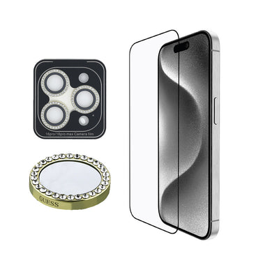 Apple iPhone 16 Pro Guess Orjinal Lisanslı Rhinestone Ekran Koruyucu + Lens Koruyucu 2in1 Aksesuar Seti Gümüş