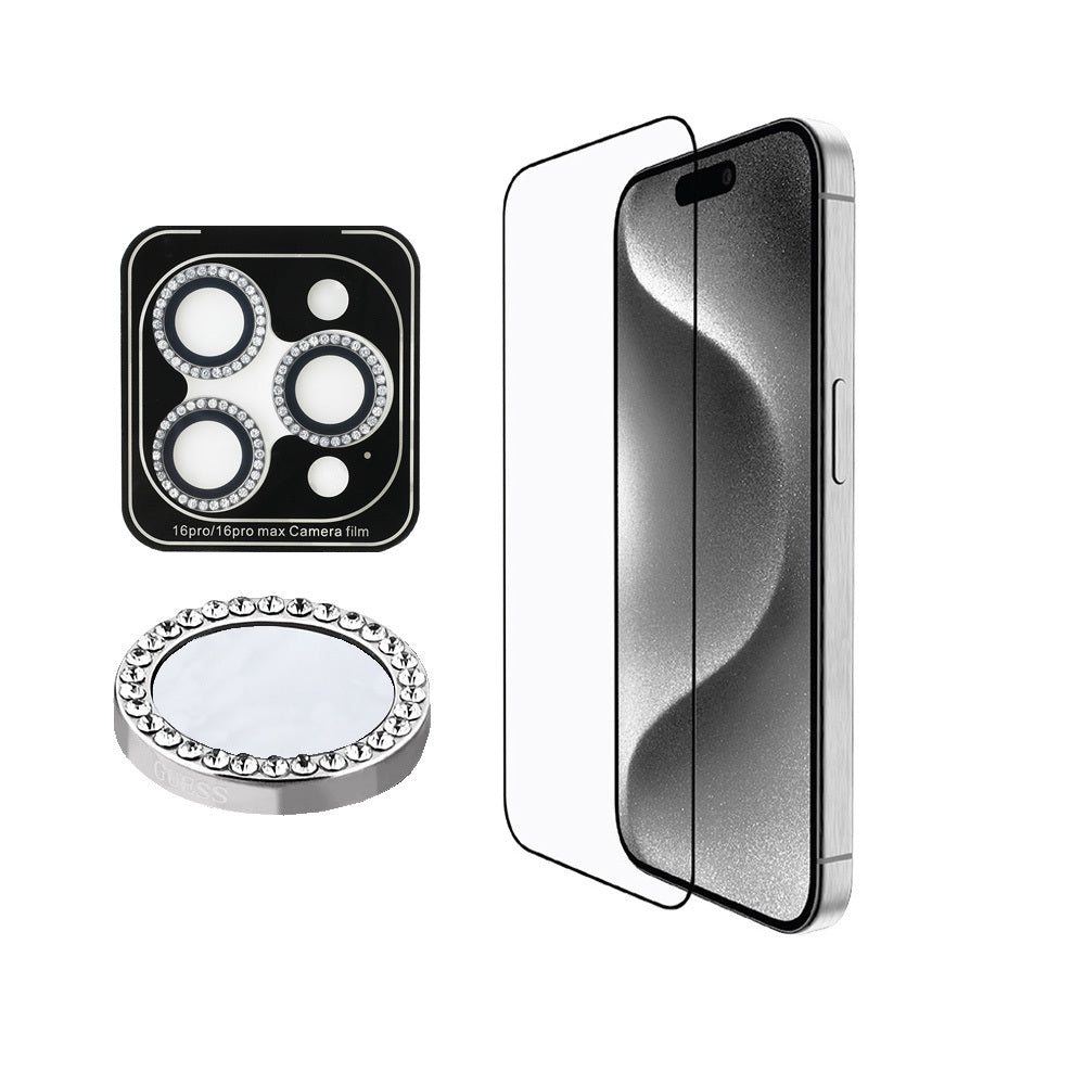 Apple iPhone 16 Pro Guess Orjinal Lisanslı Rhinestone Ekran Koruyucu + Lens Koruyucu 2in1 Aksesuar Seti