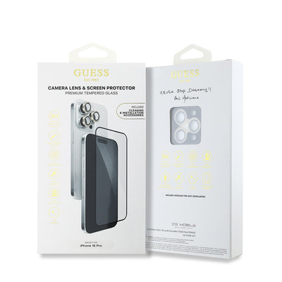 Apple iPhone 16 Pro Guess Orjinal Lisanslı Rhinestone Ekran Koruyucu + Lens Koruyucu 2in1 Aksesuar Seti Gümüş