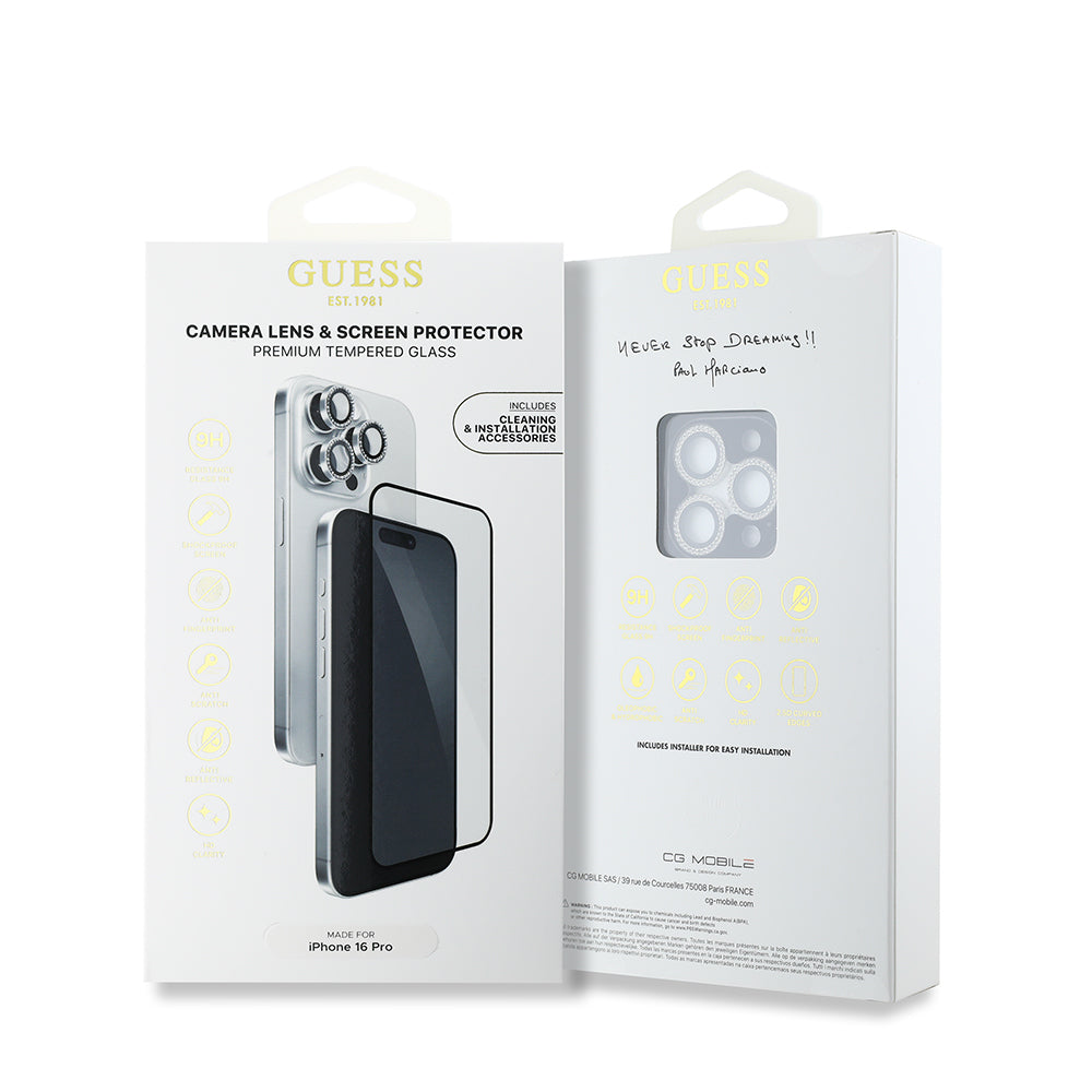 Apple iPhone 16 Pro Guess Orjinal Lisanslı Rhinestone Ekran Koruyucu + Lens Koruyucu 2in1 Aksesuar Seti Gümüş