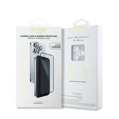 Apple iPhone 16 Pro Guess Orjinal Lisanslı Rhinestone Ekran Koruyucu + Lens Koruyucu 2in1 Aksesuar Seti Gümüş