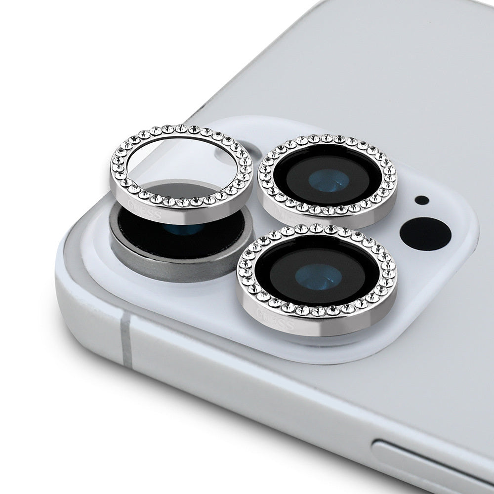 Apple iPhone 16 Pro Guess Orjinal Lisanslı Rhinestone Ekran Koruyucu + Lens Koruyucu 2in1 Aksesuar Seti