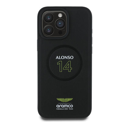 Apple iPhone 16 Pro Kılıf Aston Martin Orjinal Lisanslı M-safe Şarj Özellikli PU Deri Alonso 14 Baskılı Kapak Siyah