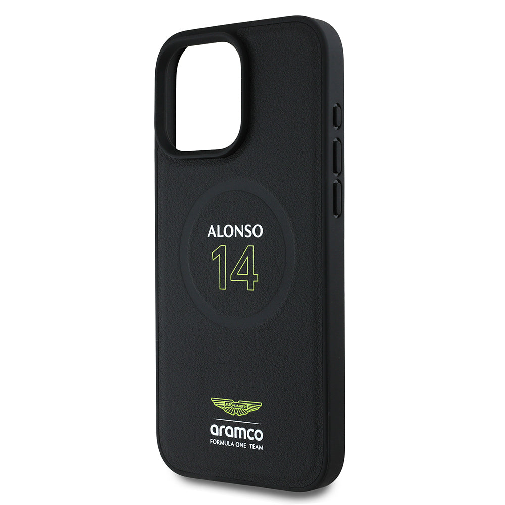 Apple iPhone 16 Pro Kılıf Aston Martin Orjinal Lisanslı M-safe Şarj Özellikli PU Deri Alonso 14 Baskılı Kapak Siyah