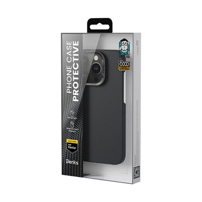 Apple iPhone 16 Pro Kılıf Benks M-safe Şarj Özellikli Metal Kamera Çerçeveli Magnetik ArmorAir 600D Kevlar Fiber Kapak Siyah