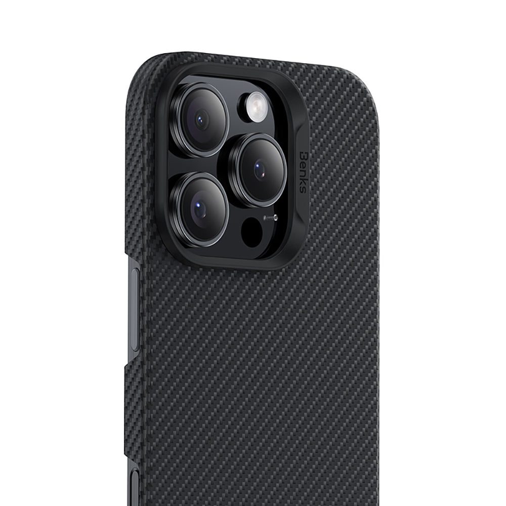 Apple iPhone 16 Pro Kılıf Benks M-safe Şarj Özellikli Metal Kamera Çerçeveli Magnetik ArmorAir 600D Kevlar Fiber Kapak Siyah