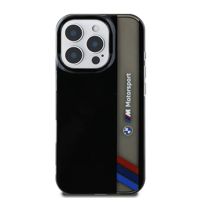 Apple iPhone 16 Pro Kılıf BMW Orjinal Lisanslı M Logolu Üç Renk Çizgili Motorsport Vertical Stripe Kapak Siyah