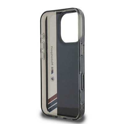 Apple iPhone 16 Pro Kılıf BMW Orjinal Lisanslı M Logolu Üç Renk Çizgili Motorsport Vertical Stripe Kapak Siyah