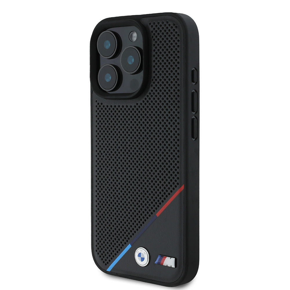 iPhone 16 Pro Kılıf BMW Orjinal Lisanslı M-safe Şarj Özellikli M Logolu Üç Çizgili Delikli Deri Kılıf