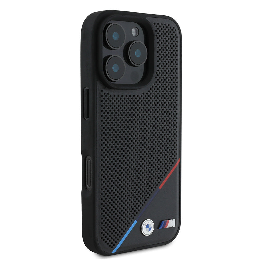 iPhone 16 Pro Kılıf BMW Orjinal Lisanslı M-safe Şarj Özellikli M Logolu Üç Çizgili Delikli Deri Kılıf