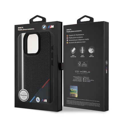 iPhone 16 Pro Kılıf BMW Orjinal Lisanslı M-safe Şarj Özellikli M Logolu Üç Çizgili Delikli Deri Kılıf