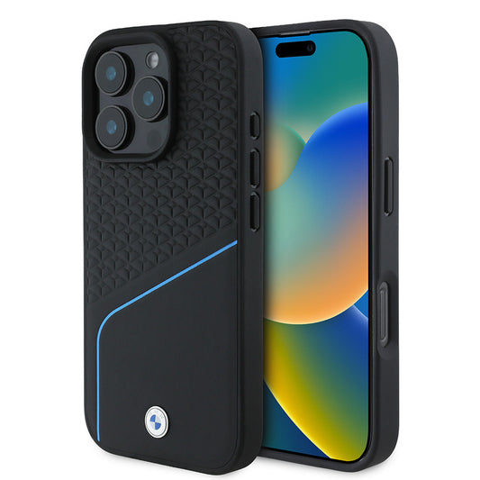 iPhone 16 Pro Kılıf BMW Orjinal Lisanslı M-safe Şarj Özellikli Metal Logolu Dokulu ve Çizgili Deri Kılıf