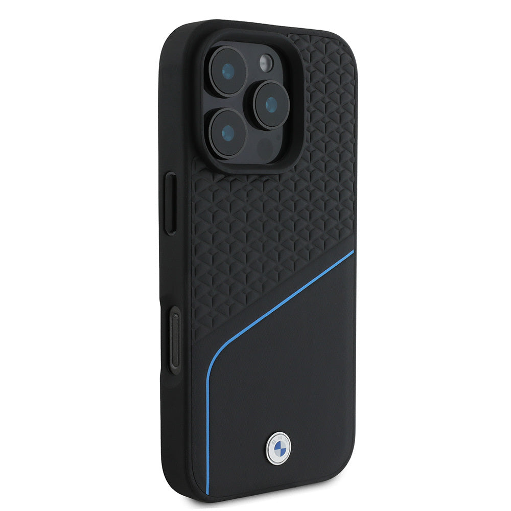 iPhone 16 Pro Kılıf BMW Orjinal Lisanslı M-safe Şarj Özellikli Metal Logolu Dokulu ve Çizgili Deri Kılıf