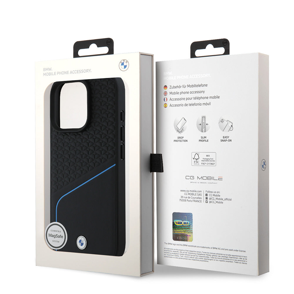 iPhone 16 Pro Kılıf BMW Orjinal Lisanslı M-safe Şarj Özellikli Metal Logolu Dokulu ve Çizgili Deri Kılıf