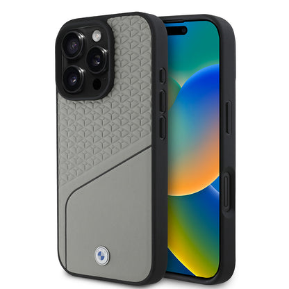 iPhone 16 Pro Kılıf BMW Orjinal Lisanslı M-safe Şarj Özellikli Metal Logolu Dokulu ve Çizgili Deri Kılıf