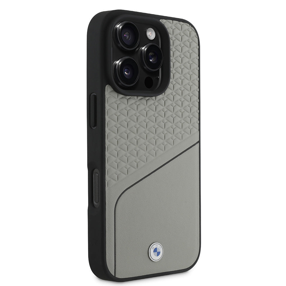 iPhone 16 Pro Kılıf BMW Orjinal Lisanslı M-safe Şarj Özellikli Metal Logolu Dokulu ve Çizgili Deri Kılıf