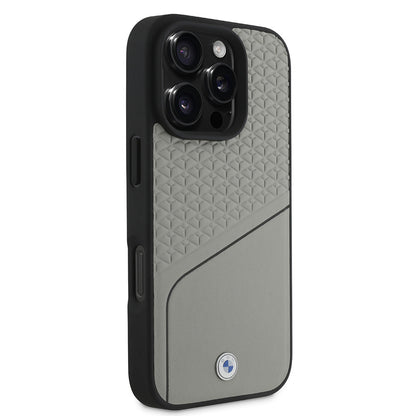 iPhone 16 Pro Kılıf BMW Orjinal Lisanslı M-safe Şarj Özellikli Metal Logolu Dokulu ve Çizgili Deri Kılıf