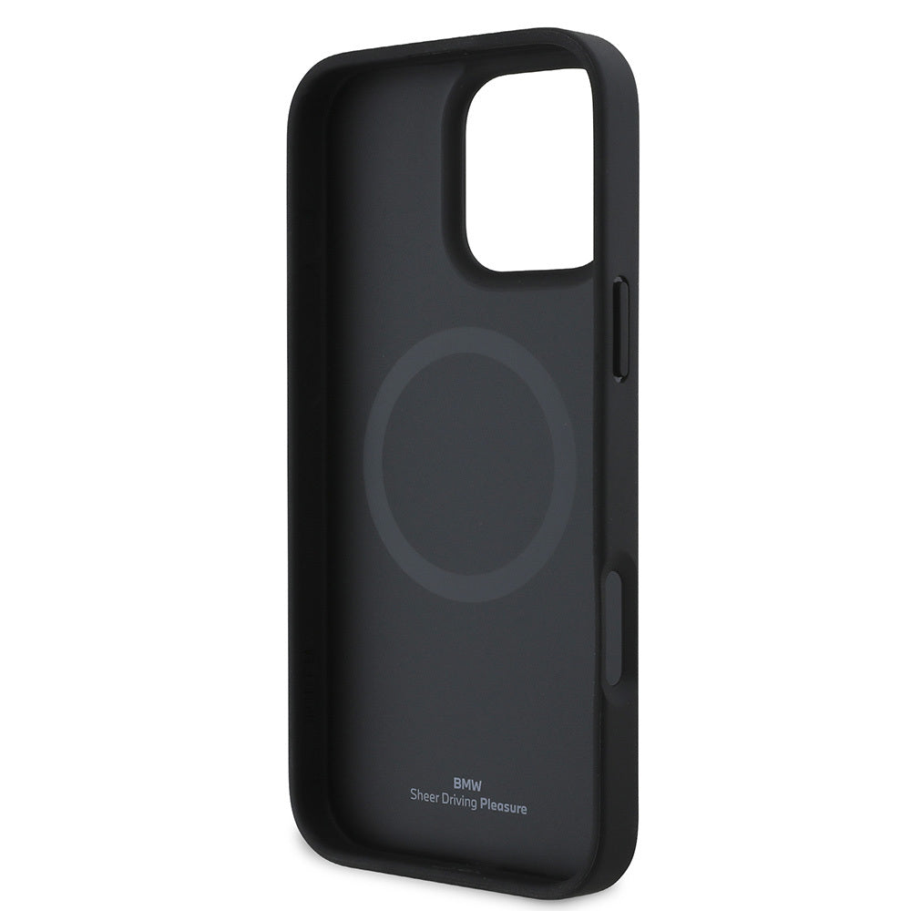 iPhone 16 Pro Kılıf BMW Orjinal Lisanslı M-safe Şarj Özellikli Metal Logolu Dokulu ve Çizgili Deri Kılıf