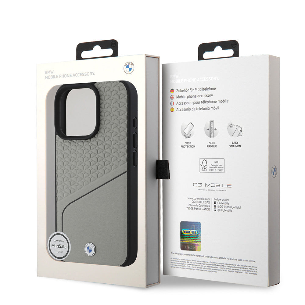 iPhone 16 Pro Kılıf BMW Orjinal Lisanslı M-safe Şarj Özellikli Metal Logolu Dokulu ve Çizgili Deri Kılıf