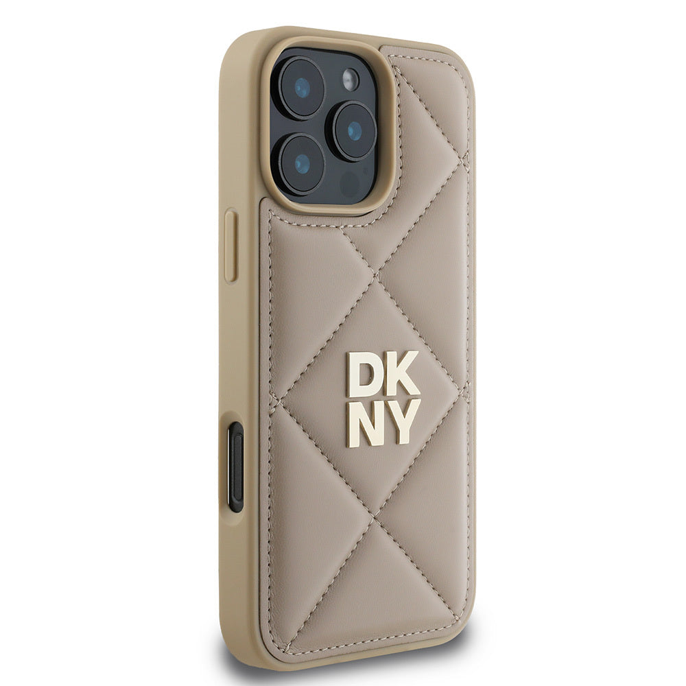 Apple iPhone 16 Pro Kılıf DKNY Orjinal Lisanslı Kapitone Tasarımlı Metal Logolu Deri Kapak Siyah