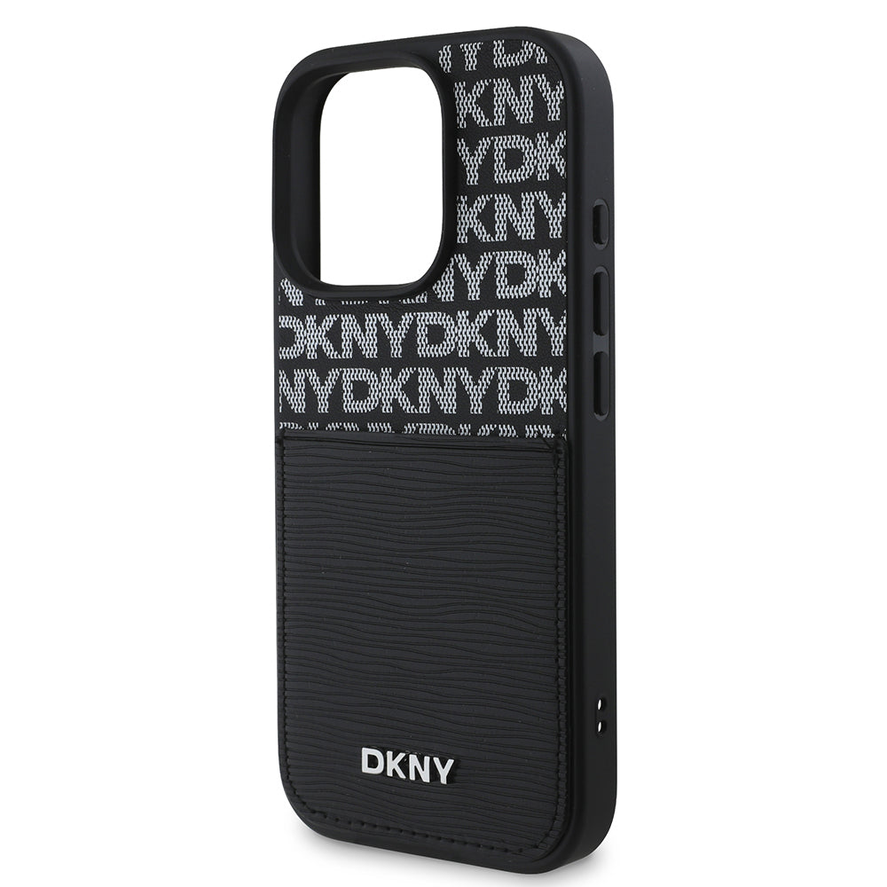 Apple iPhone 16 Pro Kılıf DKNY Orjinal Lisanslı Kartlıklı 3D Yazılı Repeat Texture Pattern Kapak Siyah