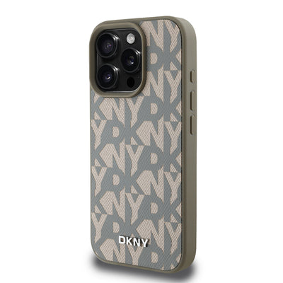Apple iPhone 16 Pro Kılıf DKNY Orjinal Lisanslı M-safe Şarj Özellikli 3D Yazılı Grid Pattern Kapak Gri